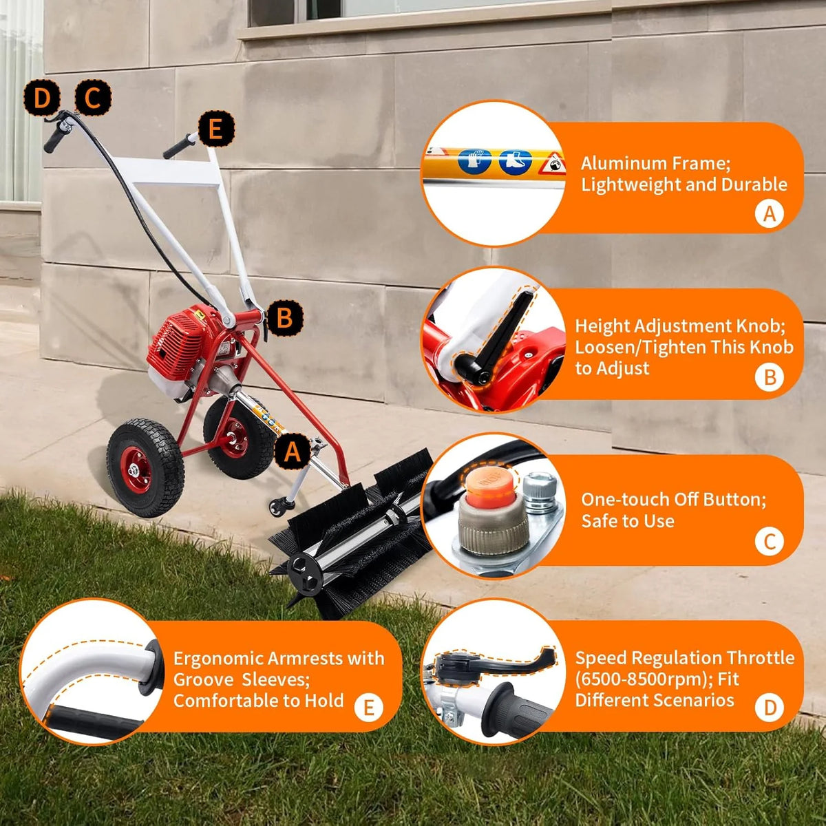 43cc 1.7HP Gas Powered Broom. 2 Stroke Power Sweeper Handheld Gasoline Power Broom Sweeping Machine for Garden Lawn Yard Sidewalk Driveway Turf Grass Cleaning. 600mm Nylon Brush Sweeping broom