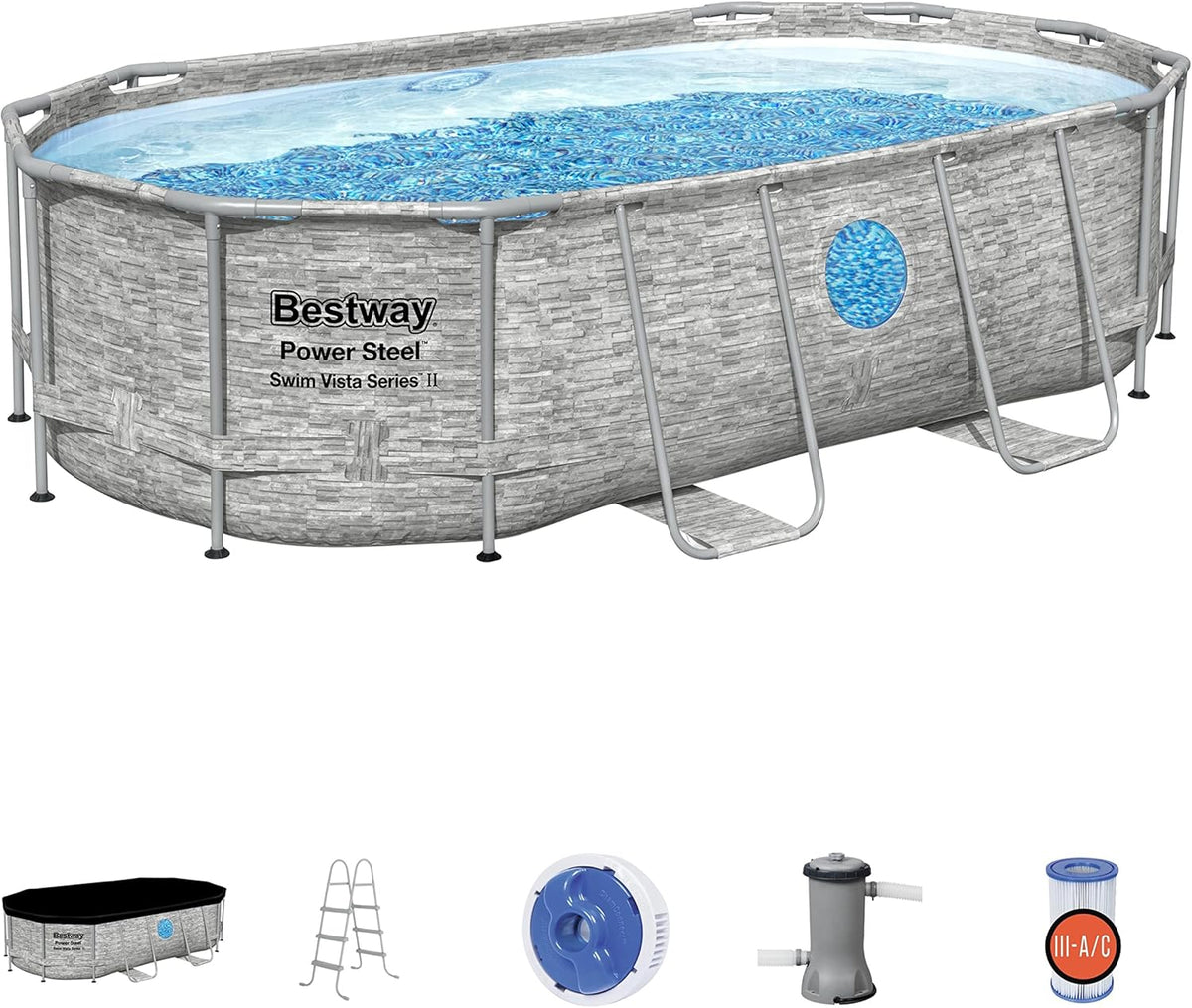 The robust steel swimming pool Horizon Series II - a 14 feet x 8 feet 2 inches x 39.5 inches outdoor above-ground pool package. equipped with a 530 liter/minute filtration pump. ladder and pool cover.