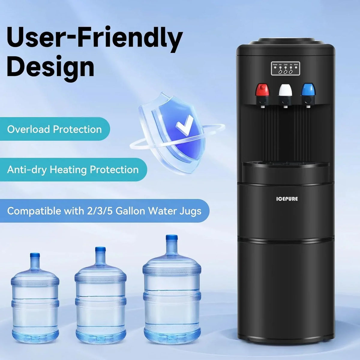 3-in-1 Hot & Cold Water Cooler with Built-in Ice Maker – Top Loading for 3-5 Gallon Bottles. Child Safety Lock. Black