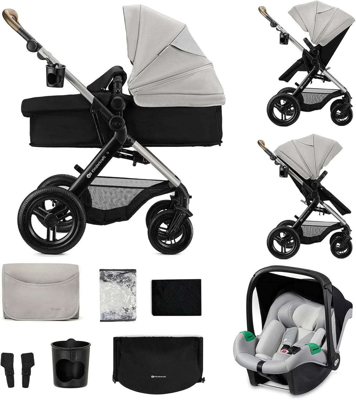 Kinderkraft MOOV XL 3 en 1. Carrito bebé hasta 27 kg. Carro. Con Asiento I-SIZE 40-75 cm. Plegable. Amortiguación. Convertible. Capazo XL. Con