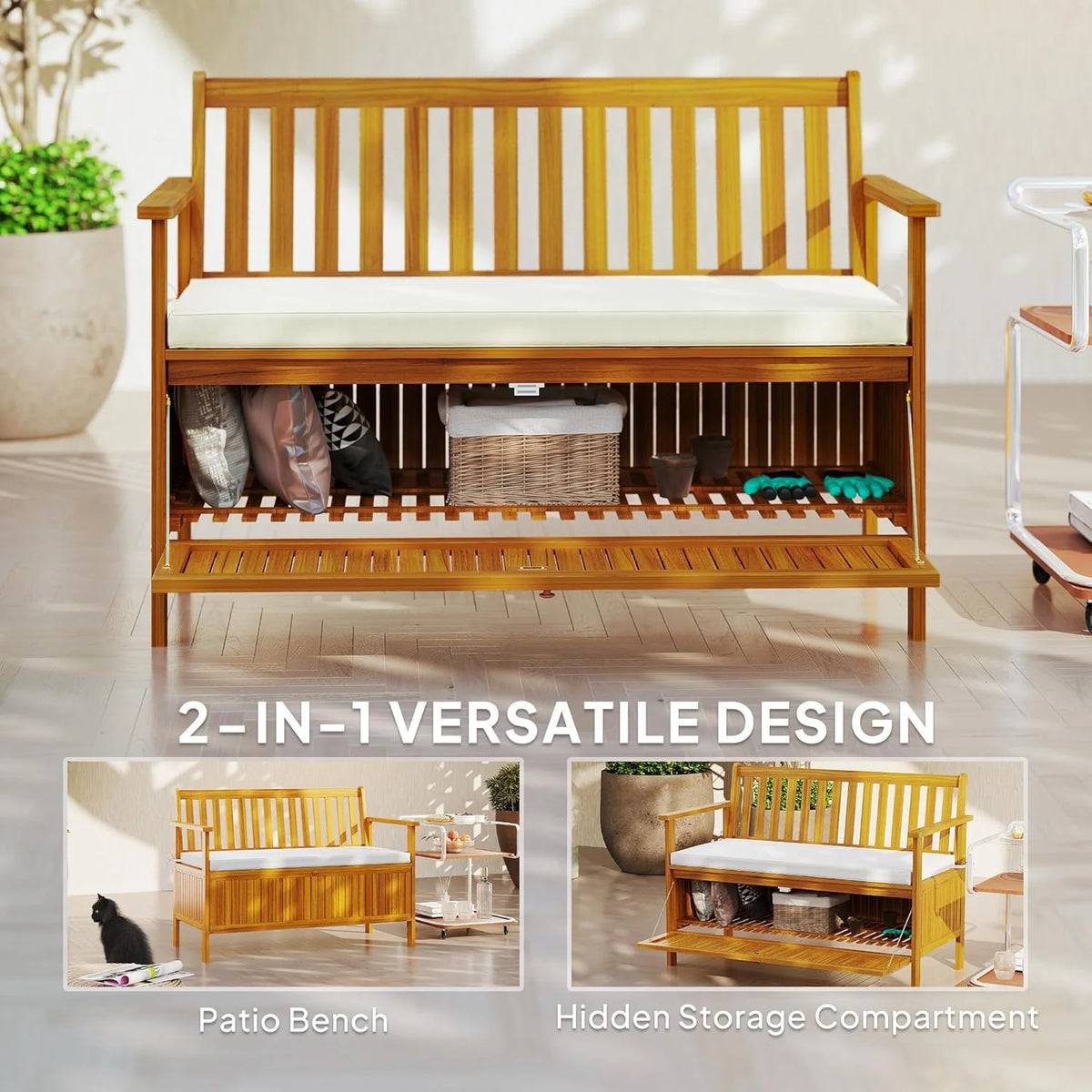 Outdoor bench with storage box. 28-gallon outdoor storage bench. garden seat made of rosewood with cushion. suitable for parks. balconies. and terraces. double-person outdoor furniture. made of teak material