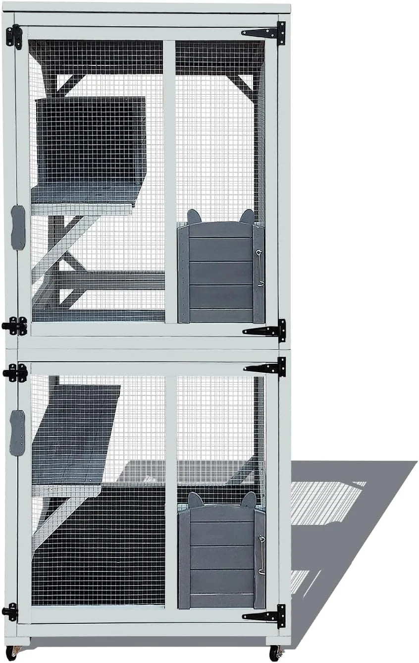 62.6-inch wooden outdoor cat house. large cat cage room. equipped with 7 platforms. 2 rest boxes and a rainproof roof. suitable for multiple pets to use. Step-in cat apartment shelter. white model