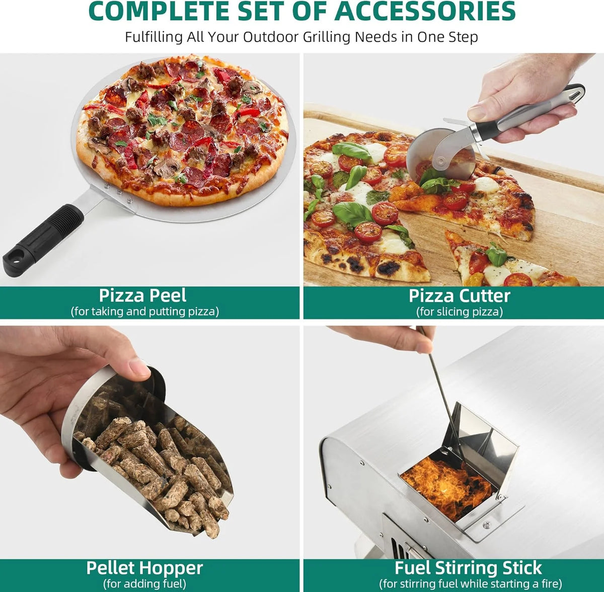 Wood-fired outdoor pizza oven. 12-inch portable pellet pizza oven. equipped with pizza tongs and pizza cutter. stainless steel silver pizza maker suitable for outdoor kitchen cooking