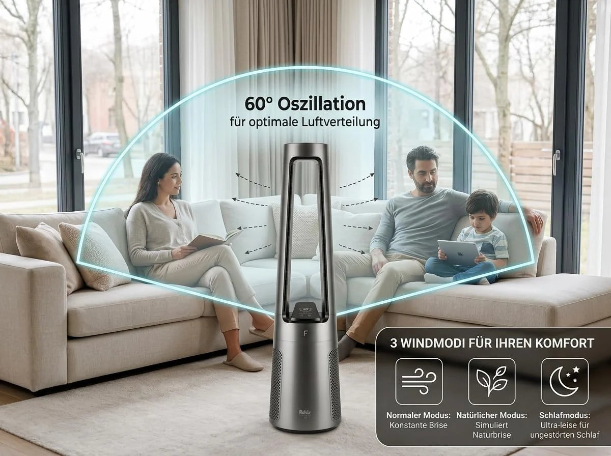 Fakir TVL 100 Flügelloser Turmventilator - DC-Motor. 12 Lüfterstufen. 30 dB(A). 60° Oszillation. 12h Timer. LED Touch Display. Fernbedienung.
