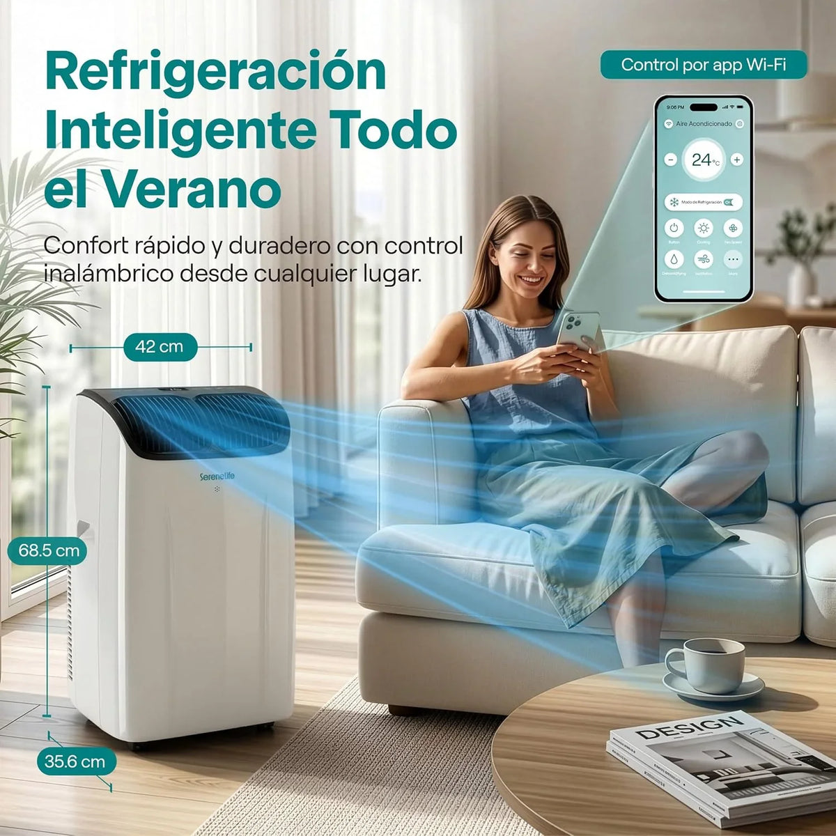 SereneLife Aire Acondicionado Portátil 14000 BTU con WiFi. Climatizador 3 en 1 Frío. Ventilación y Deshumidificador. Smart con Kit de Ventana. para