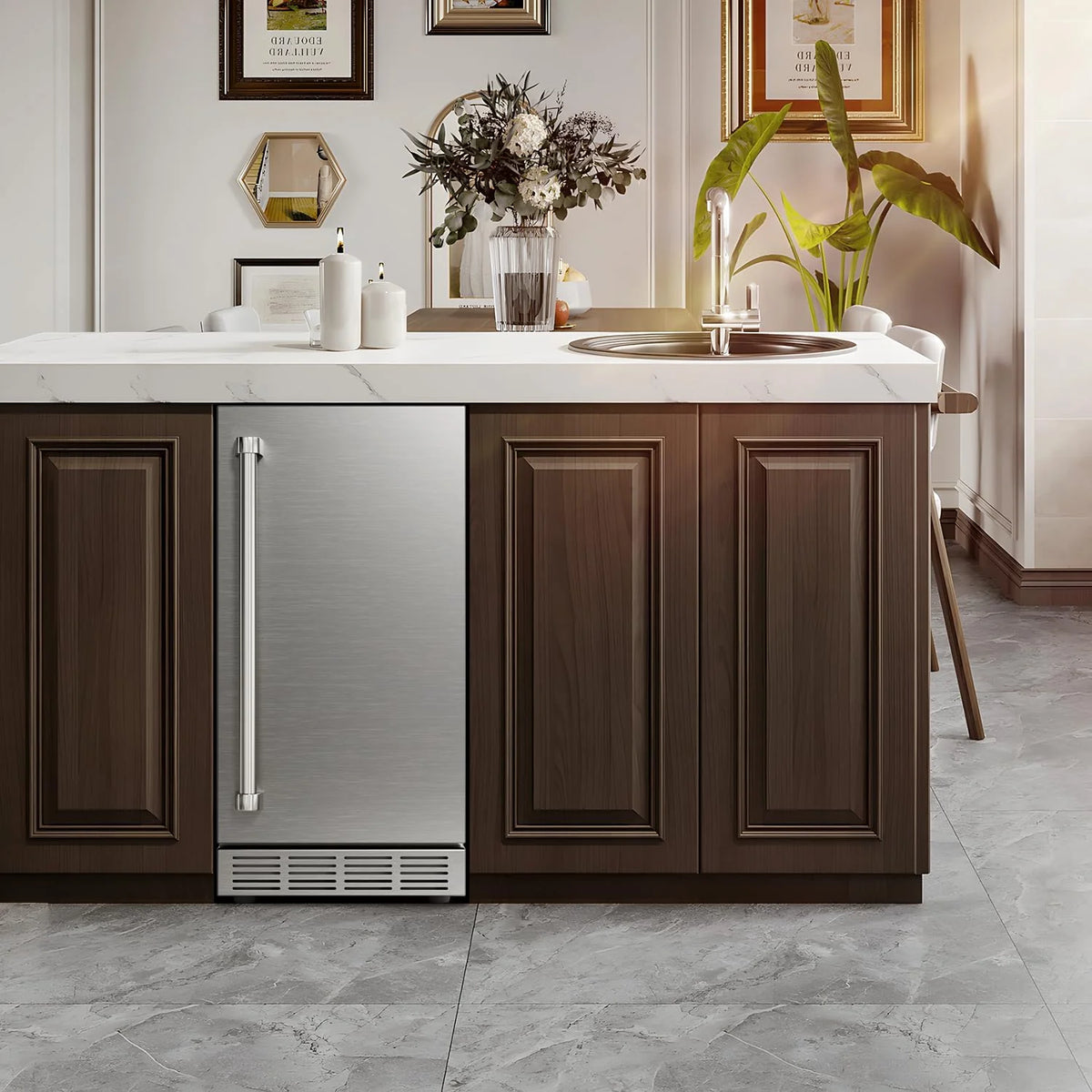 15 Inch Outdoor Refrigerator. Weather Proof Stainless Steel Beverage Beer Cooler Under Counter Fridge. Indoor/Outdoor Refrigerator with 3 Shelves for Patio Kitchen and Commercial Use