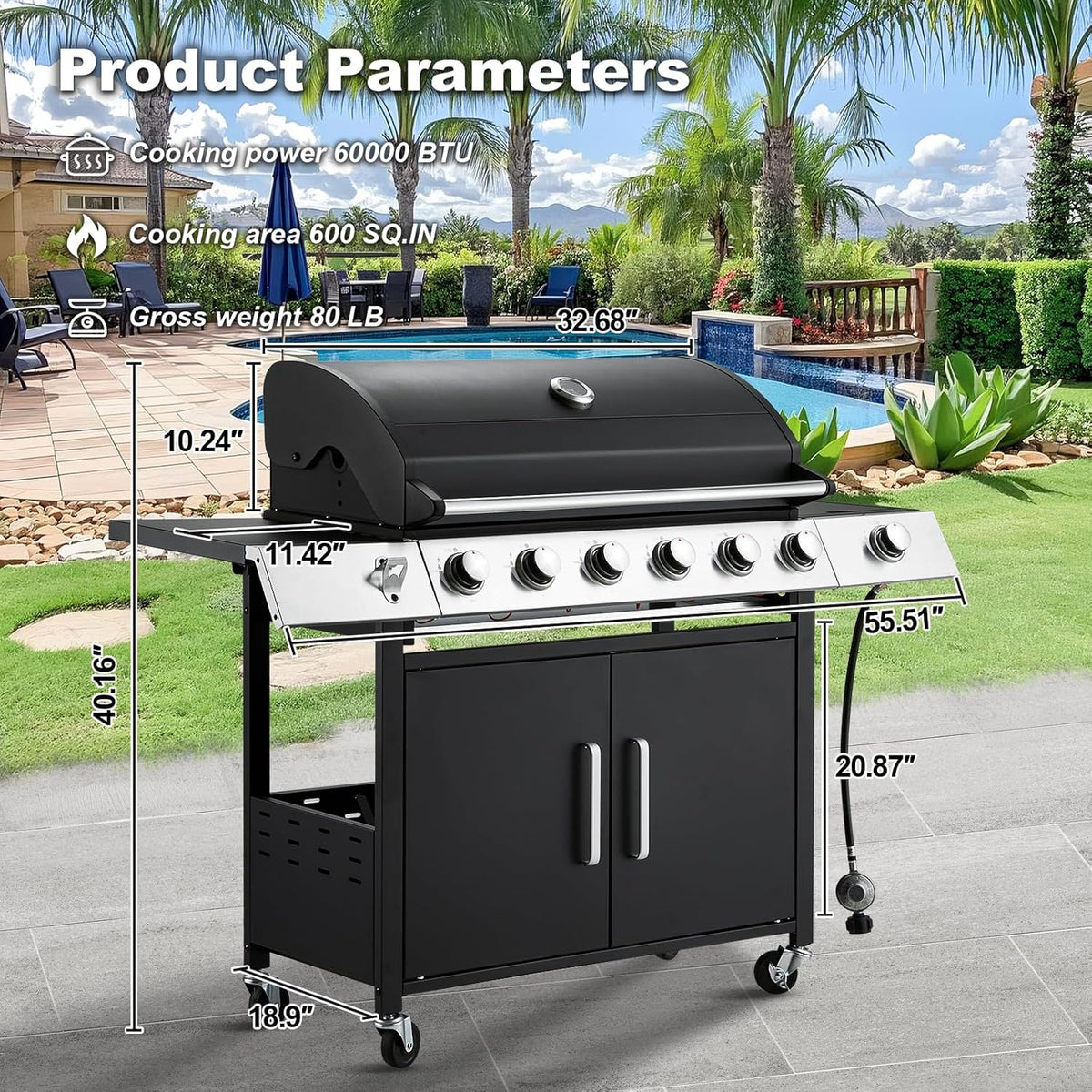 4-Burner Propane Gas Grill with Cast Iron Grates. Side Stove and 44.000 BTU Stainless Steel Burners