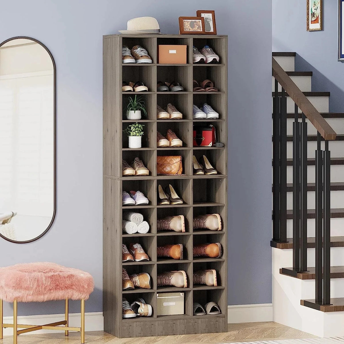 10-Tier Tall Shoe Cabinet. 30-Pair White Wood Shoe Storage Rack for Entryway and Closet