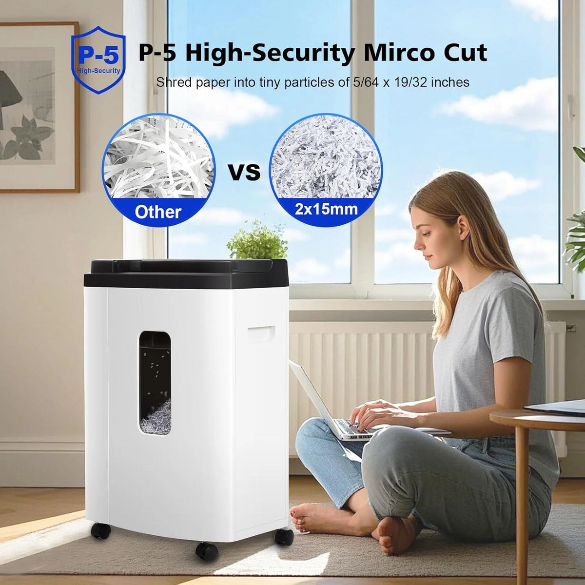 150 Sheet Auto-Feed Micro Cut Paper Shredder for Home Office Use. P-5 Super High Security (5/64 x 19/32 inches). Large 6-Gallon Bin. 20-Min Continuous Run. 55dB Ultra-Quiet. White