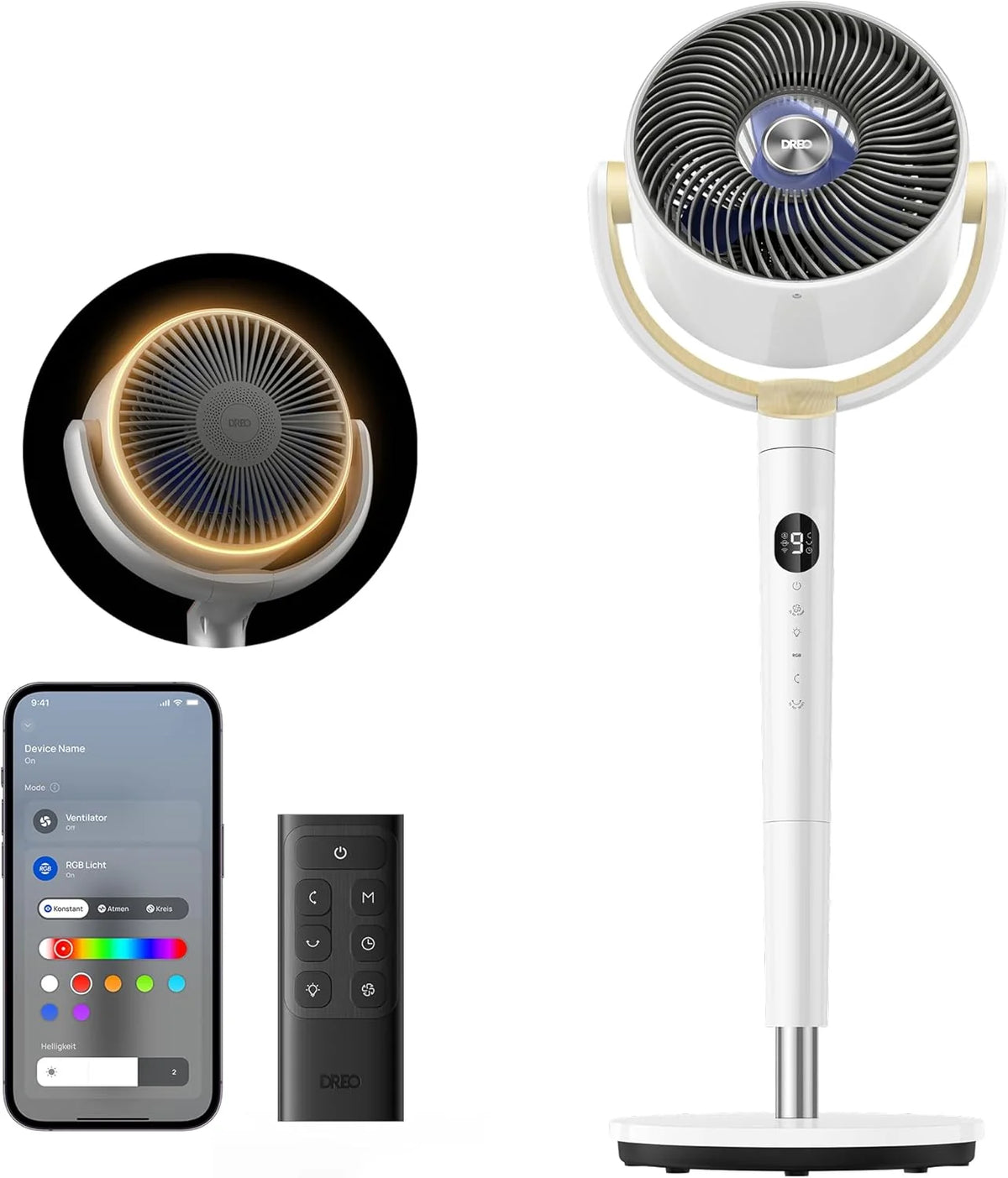 Dreo Smart Standventilator mit RGB Light. 120° +120° Oszillierender Ventilator mit Fernbedienung. 20dB Leiser Bodenventilator für Schlafzimmer. 8H