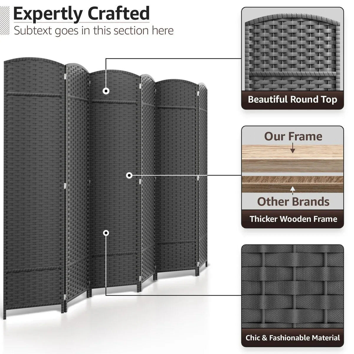 6 Panel Room Divider. 6ft Tall Extra Wide Folding Privacy Screen with Hand-Woven Mesh Panels