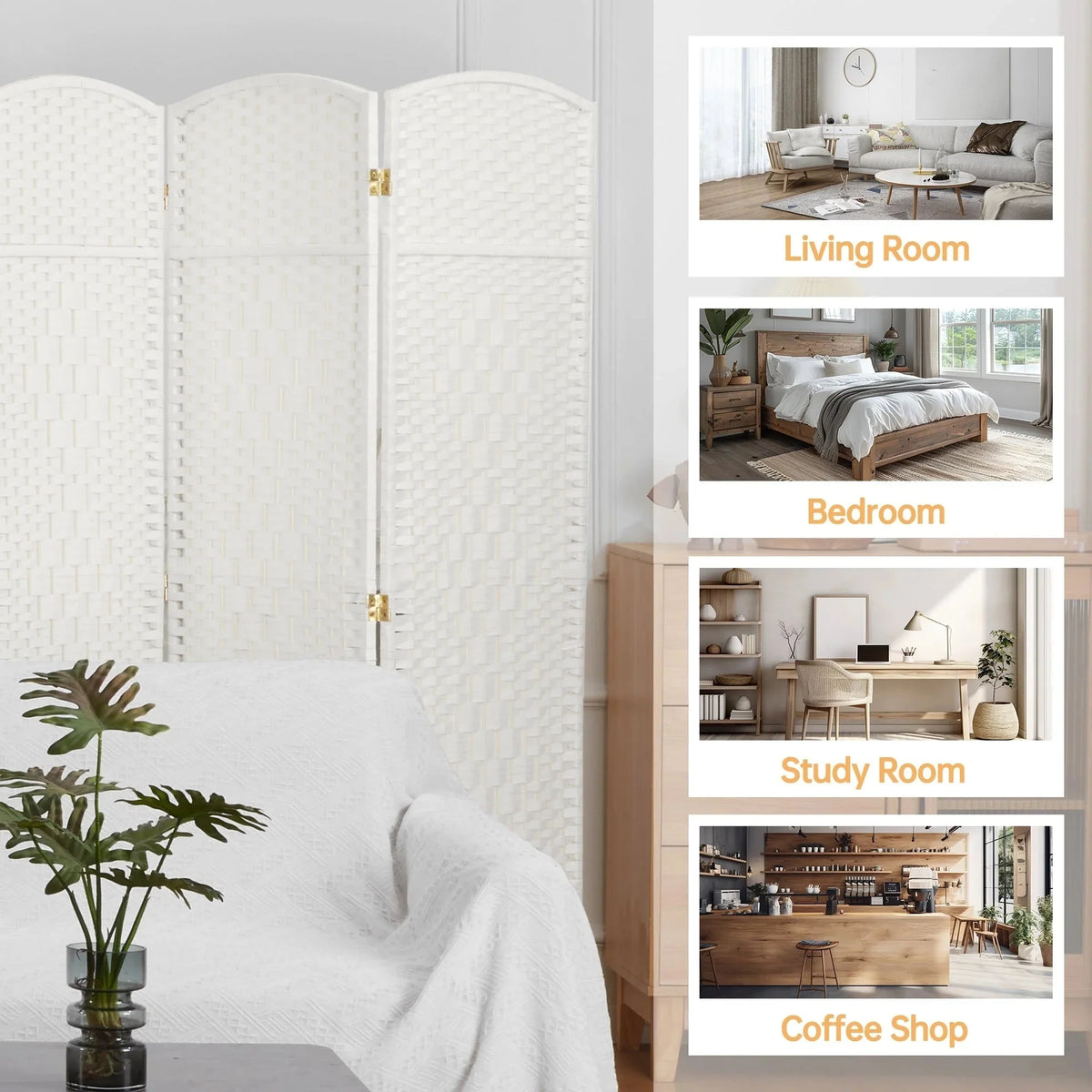 6 FT Tall Woven Fiber Room Divider. Freestanding Folding Privacy Screen