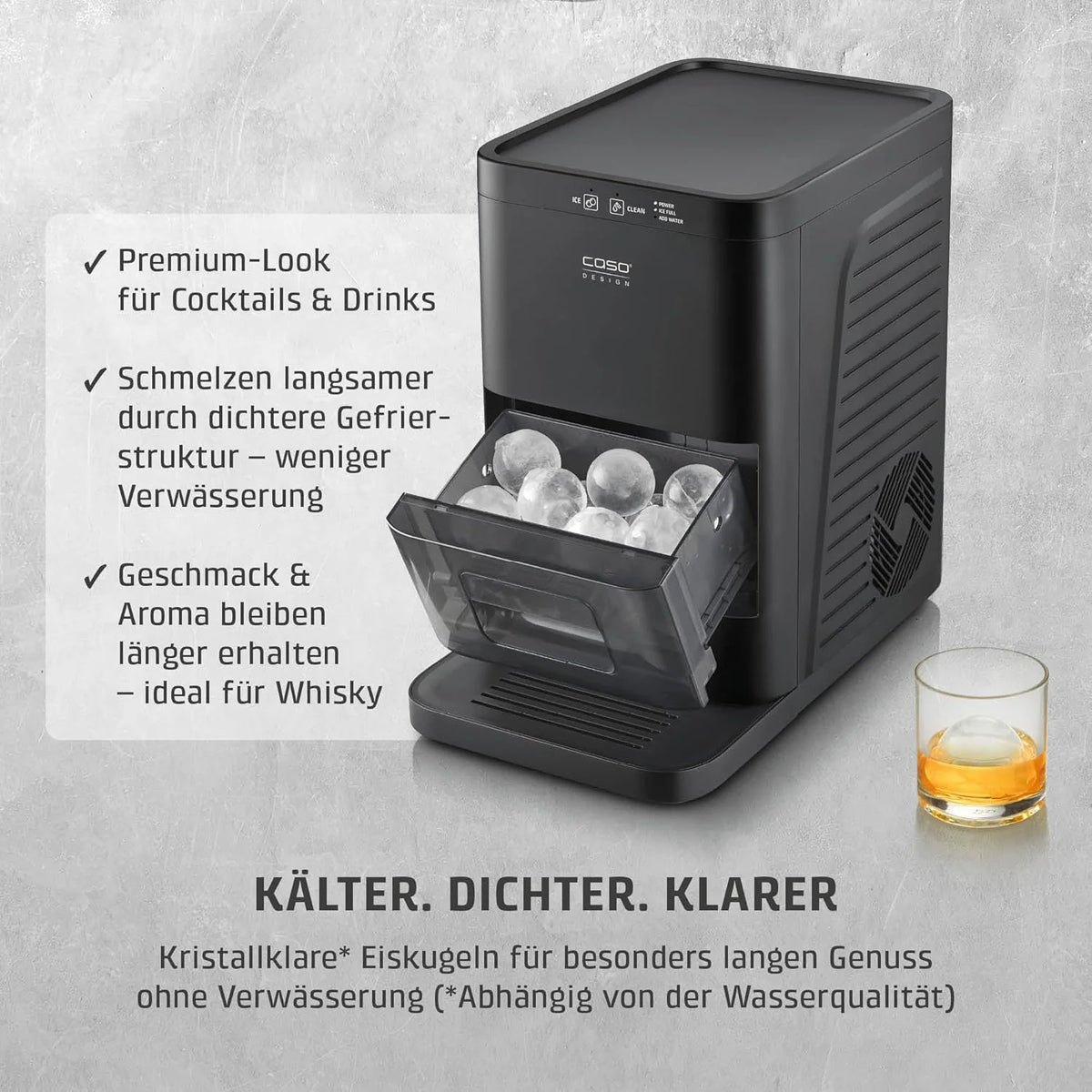CASO IceBall Pro Eiskugelbereiter mit Kompressor - Kristallklare Eiskugeln 50-55 mm. 2 Kugeln/Stunde. 1.3 l Wassertank. Selbstreinigung. LED-Anzeige.