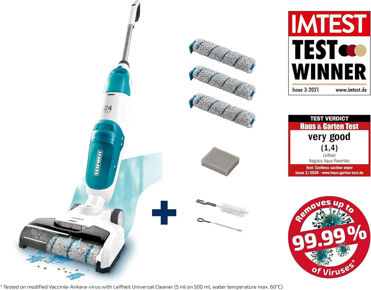 Leifheit Set Akku Saugwischer Regulus Aqua PowerVac inkl. Zubehör. saugen und wischen. Leichter Nasssauger mit leistungsstarken 24V. kabelloser