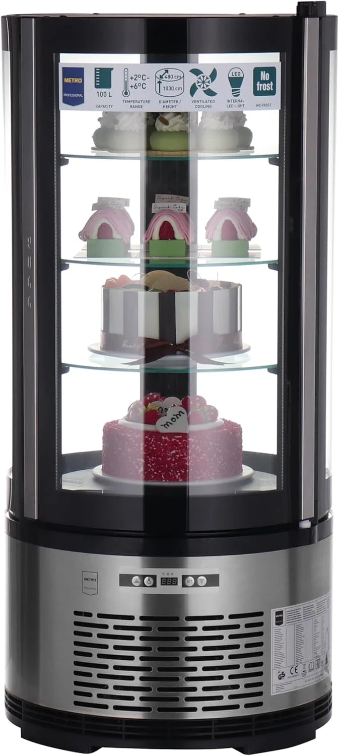 METRO Professional Kuchen-Vitrine GRV1100. Gastro. Edelstahl/Glas. 100 L. Umluftkühlung. 490W. Temperaturanzeige. automatisches Abtauen. rund. silber.