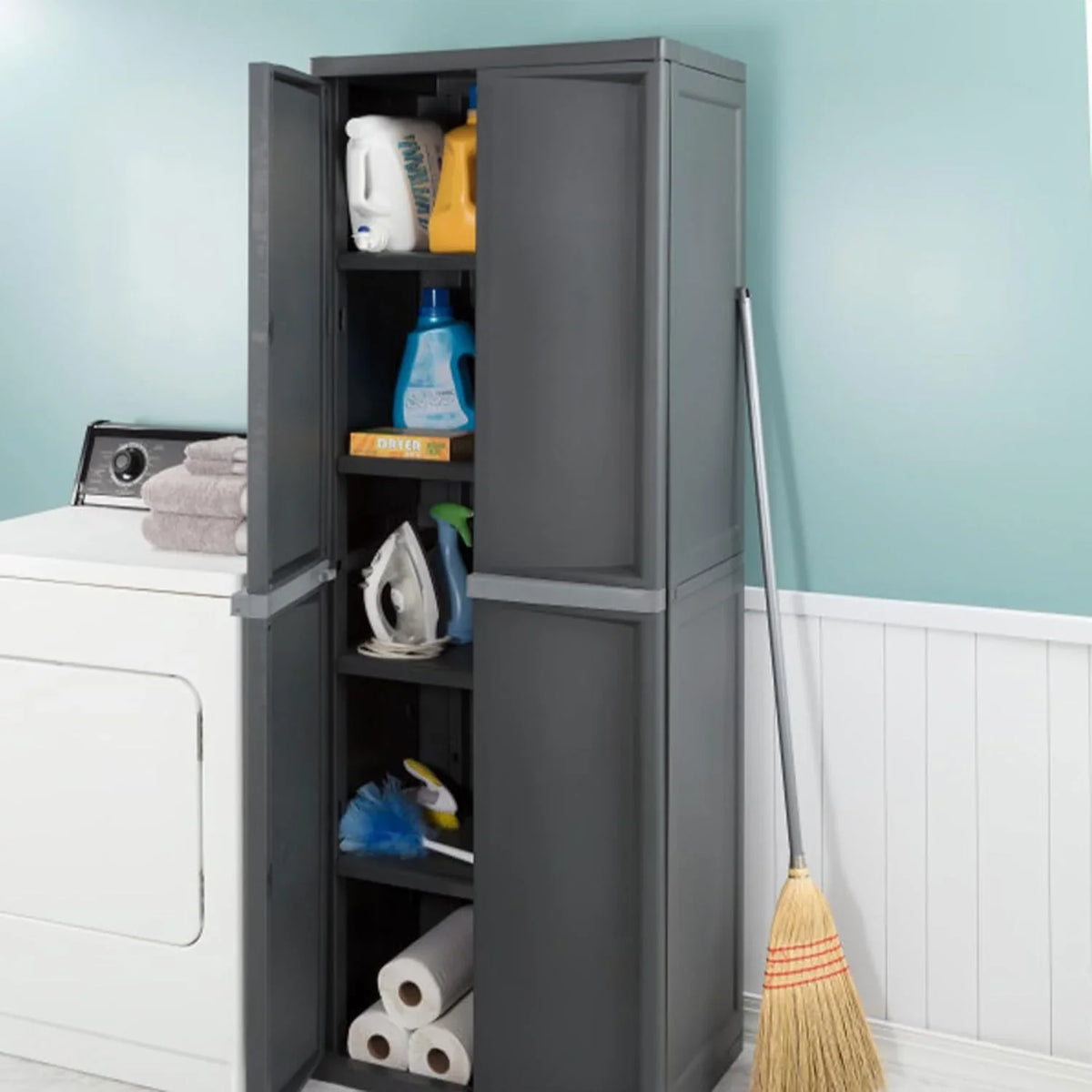 Storage Cabinet. Rugged Plastic Garage Organizer with Double Doors. 4 Adjustable Shelves. Gray
