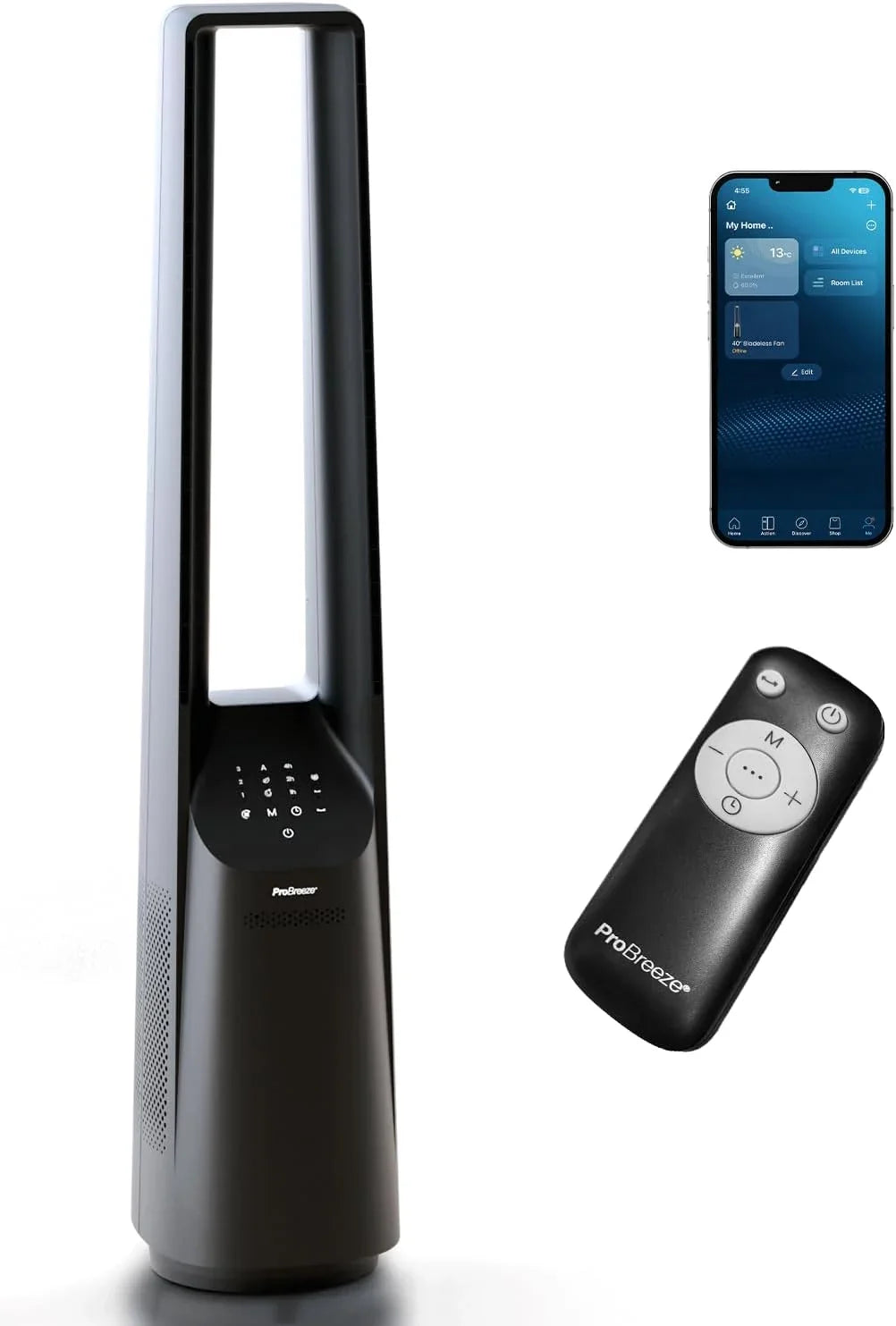 Pro Breeze 101cm rotorloser Ventilator - Smart Home Ventilator mit WLAN. Fernbedienung. LED Display. 6 Geschwindigkeiten - Turmventilator sehr leise.