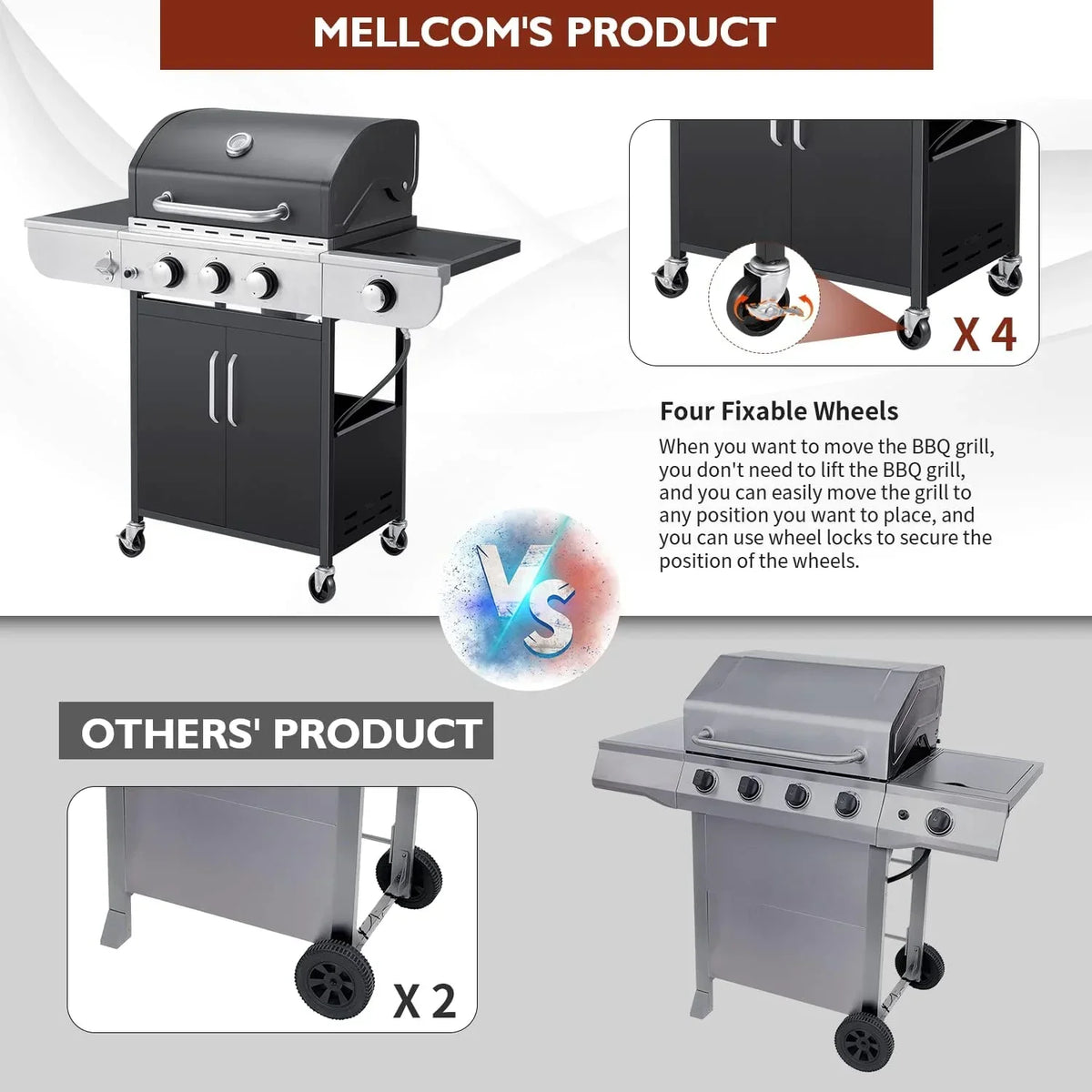 4-Burner Propane Gas Grill with Cast Iron Grates. Side Stove and 44.000 BTU Stainless Steel Burners