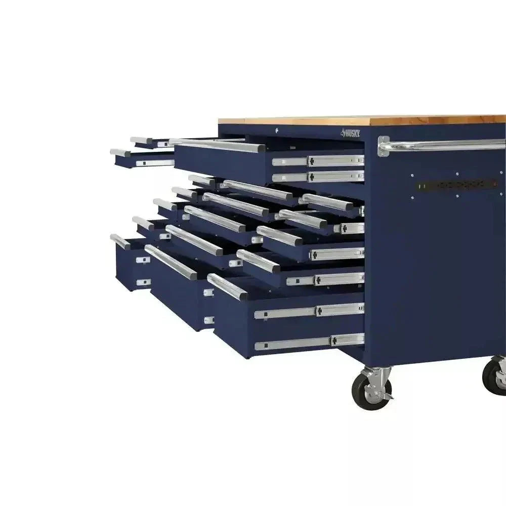 72-Inch 18-Drawer Mobile Workbench with Solid Wood Top. Gloss Blue