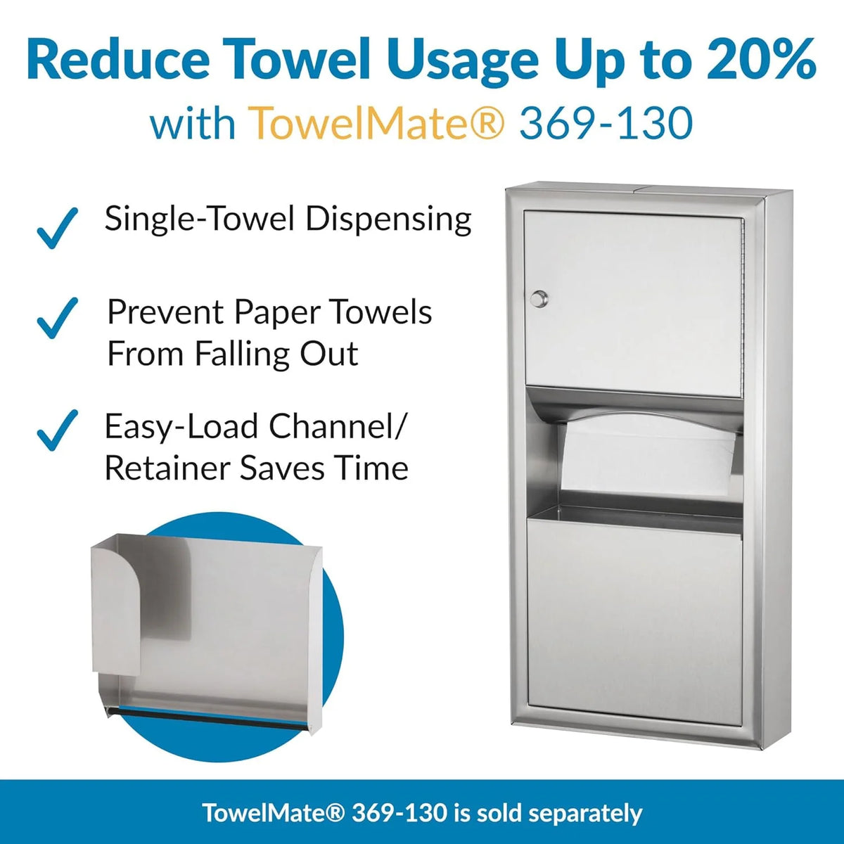 Wall-mounted tissue dispenser and waste paper storage box. Mirror-polished stainless steel material. 2-gallon capacity. Can hold 350 single-layer or 475 multi-layer tissues. Easy to install. Suitable for commercial bathrooms.
