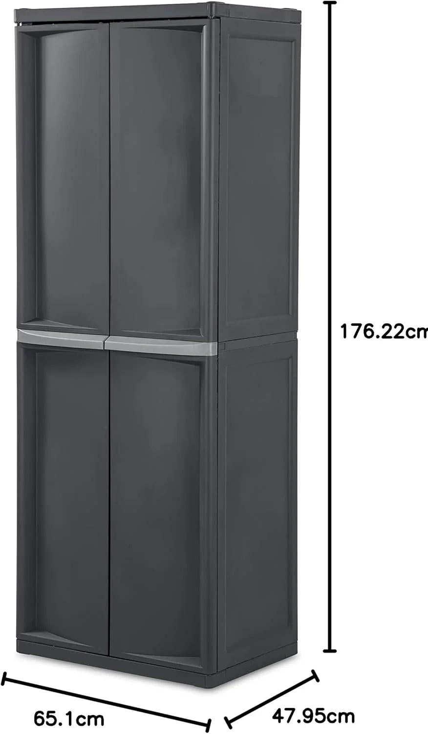 Storage Cabinet. Rugged Plastic Garage Organizer with Double Doors. 4 Adjustable Shelves. Gray