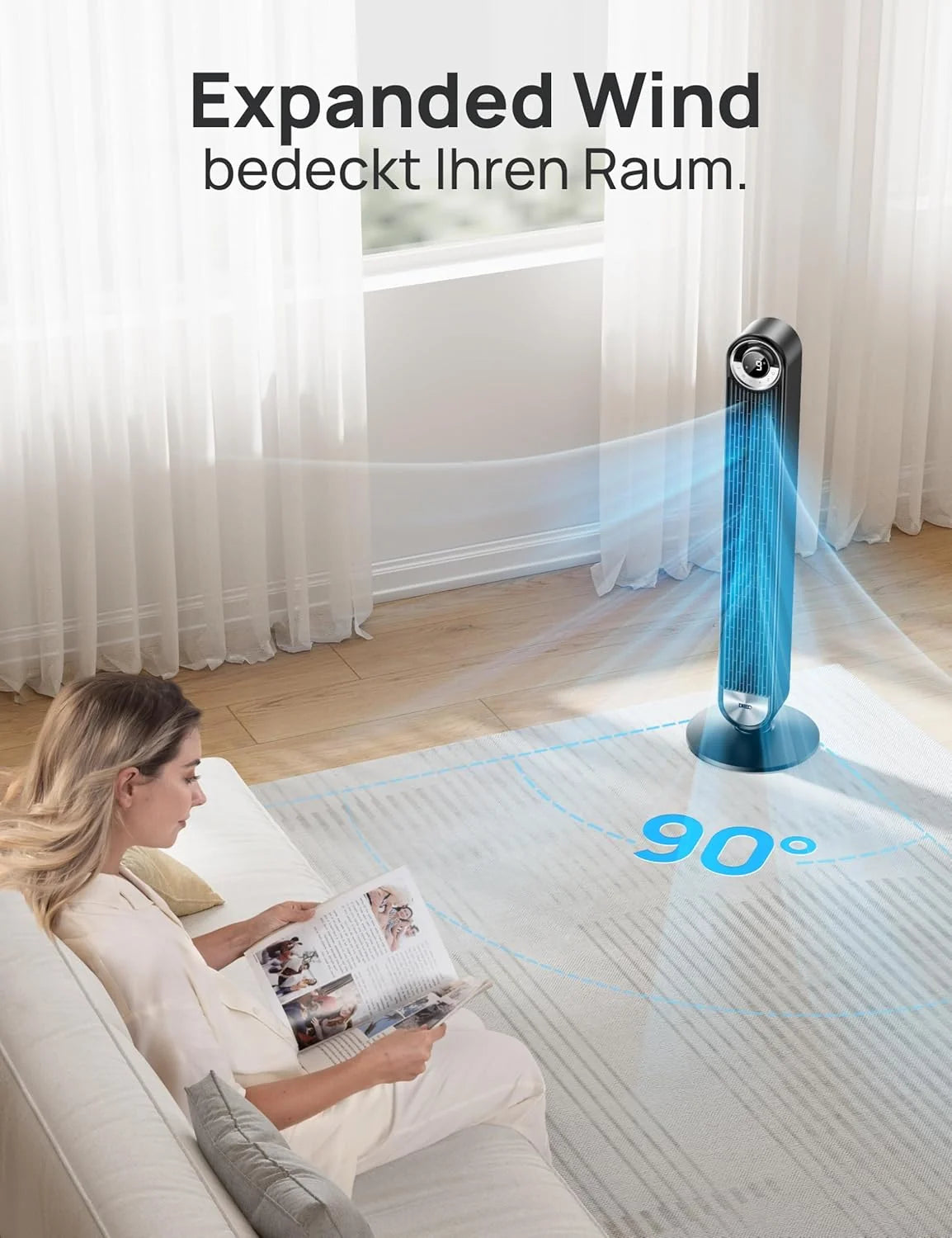 DREO 25 dB Leiser Smart Turmventilator. 106cm Höhe 4 Modi 9-Geschwindigkeit Max 7.9m/s 12H Timer 90° Oszillierender Ventilator mit Fernbedienung