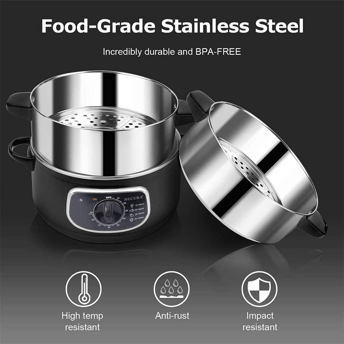 2 stainless steel food steamers. 8.5 liters capacity. electric glass-covered vegetable steamer. double-layer stackable steaming basket. with timer included