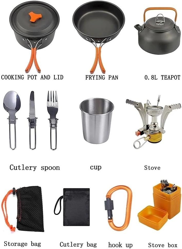 Camping cooking set - picnic cooking pot set - outdoor hiking and barbecue tableware set - camping travel supplies set including frying pan. water jug and stove