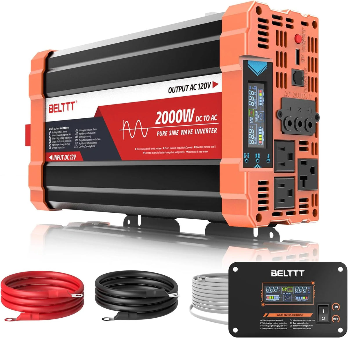 2000W Pure Sine Wave Inverter. Car Power Inverter 12V to 120V AC Converter for RV. Truck. Solar. Outdoor with Dual AC and 20A Socket. 5V 2.1A USB. Surge 4000W. Hardwire Port. Remote Controller