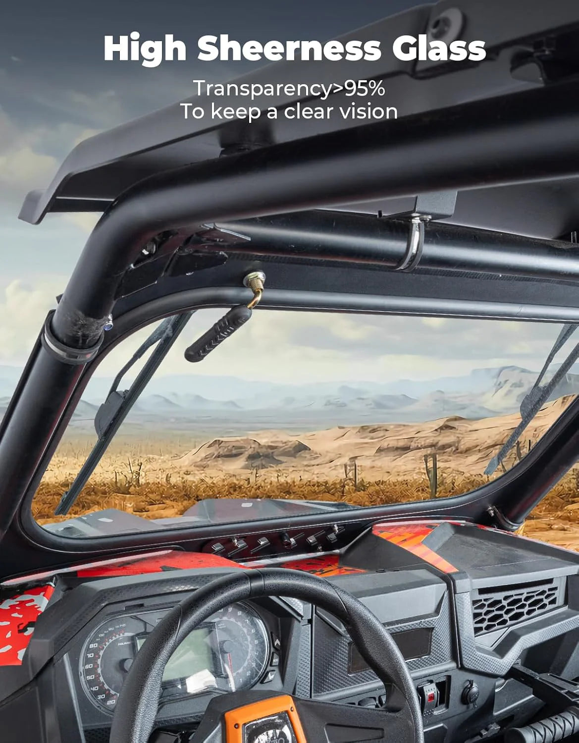 The glass windshield is equipped with 2 manual windshield wipers. It is scratch-resistant and wear-resistant. It is compatible with the 2019 - 2023 models of Arctic Cat RZR XP 1000 / RZR XP super sports vehicles. The front windshield has a ventilatio