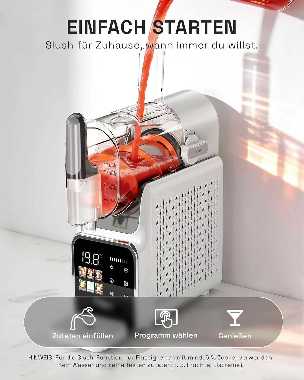 HBN Slush Maschine 2L Softeismaschine für Zuhause mit Selbstreinigende. kein Eis nötig. 6 Programme für Slushies. Cocktails. Margaritas. Frappés &