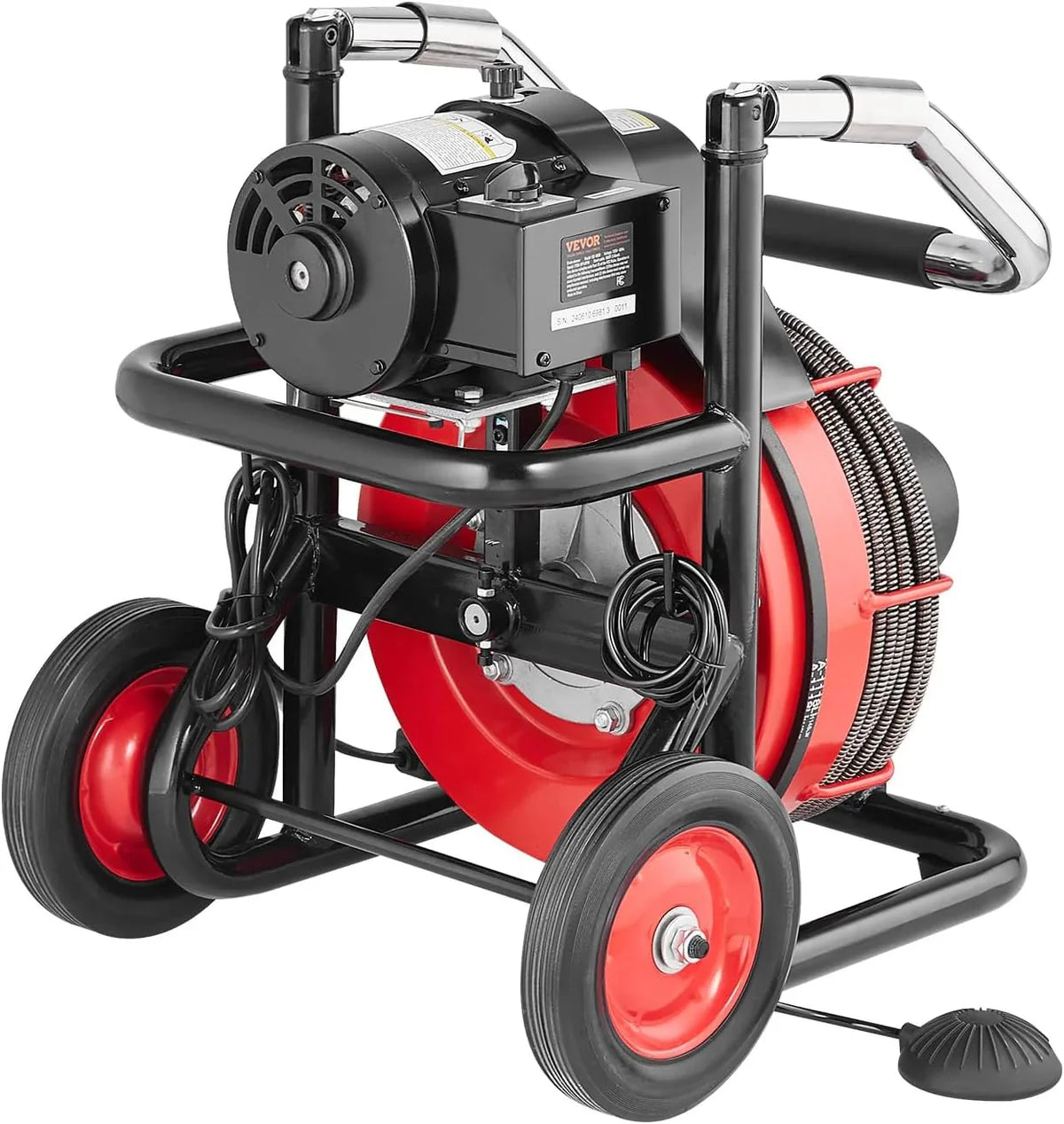 550W Drain Cleaning Machine. 100-Ft. x 1/2-Inch Sewer Snake Auger with 8 Cutters. Wheels and Foot Switch. for 2-4-Inch Pipes