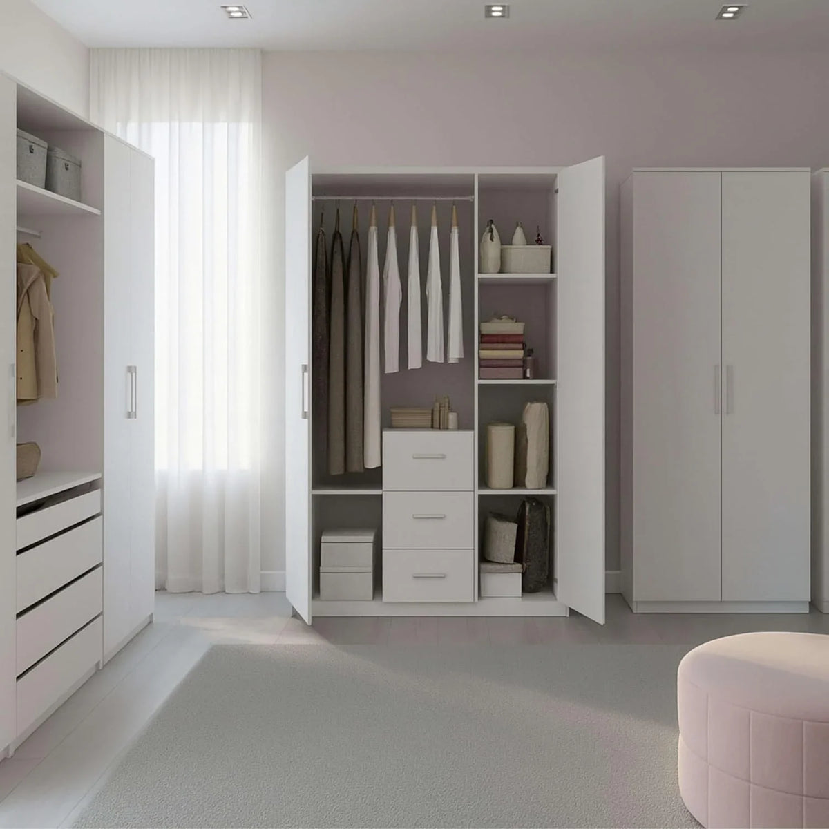 Habitdesign Armario Ropero 3 Puertas y 3 cajones. 203x117x52 (AltoxAnchoxFondo - en Cm). con Barra Colgadora y Estantes. Color Blanco Brillo