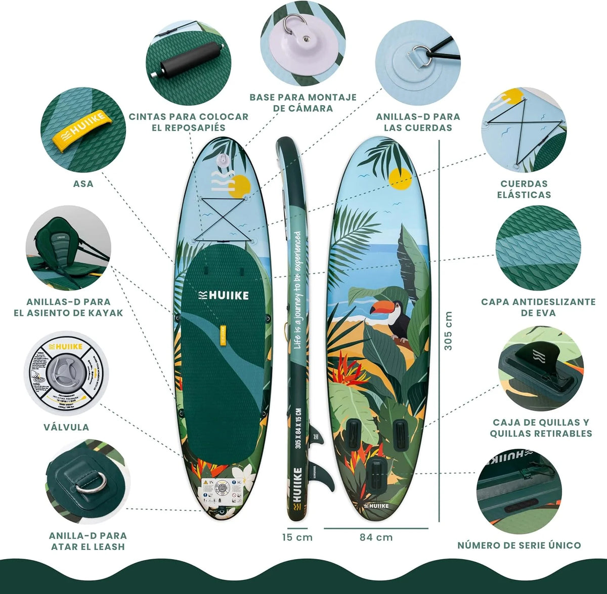 HUIIKE Tabla Paddle Surf Hinchable con Accesorios Incluidos. Remo. Quillas. Inflador. Stand Up Paddle Board Gran Estabilidad y Resistencia. 305 x 84 x
