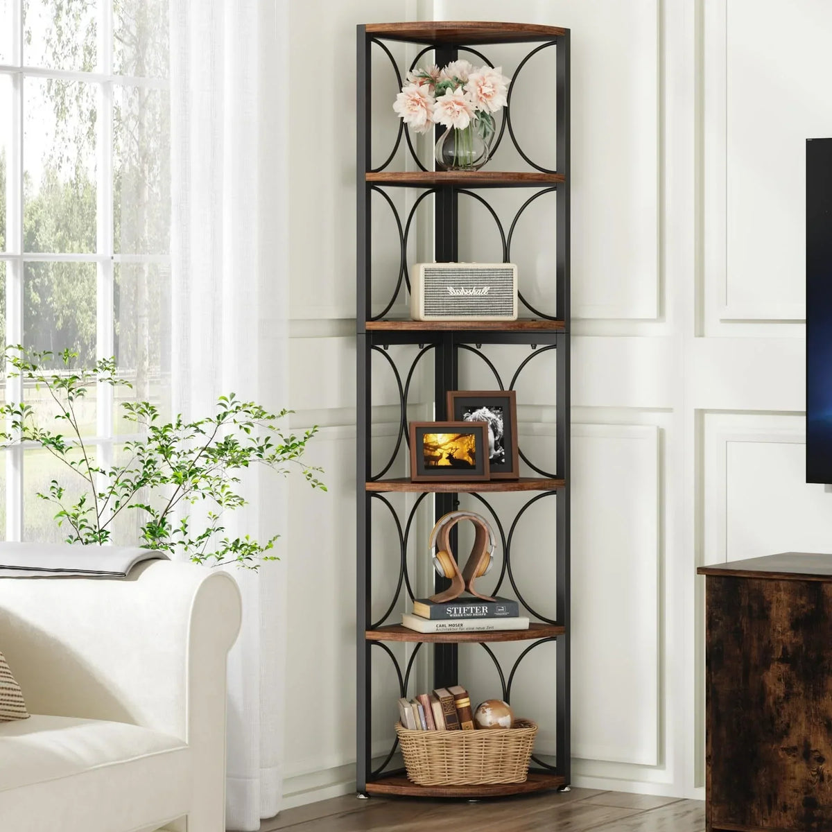 67 Inch Tall Corner Shelf. Freestanding Corner Bookshelf and Storage Shelving Unit