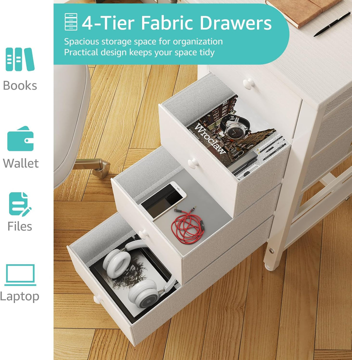 40 Inch Small White Desk with Fabric Drawers. Compact Computer Writing Desk for Home Office. Bedroom and Study