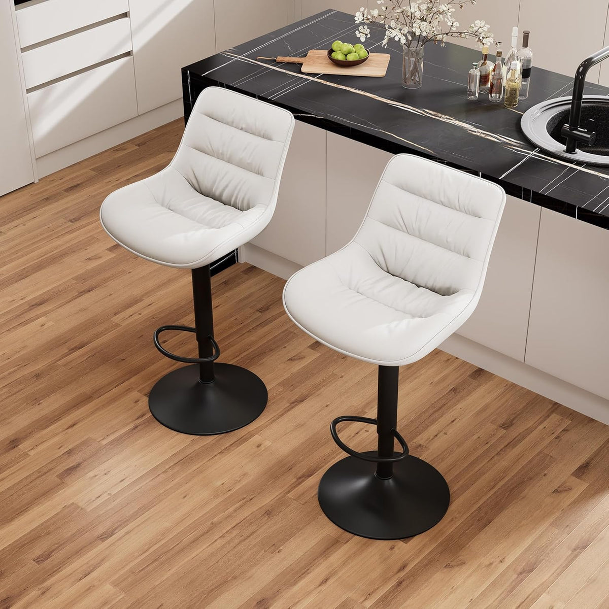 Bar stool set (2-piece) Adjustable rotating style. black color. covered with PU leather and equipped with a backrest. suitable for medium-height stools used in kitchen island or home bar.
