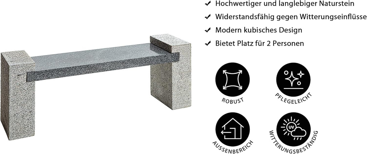 Dehner Gartenbank. 2-Sitzer. ca. 120 x 45 x 30 cm. Granit. hellgrau/dunkelgrau