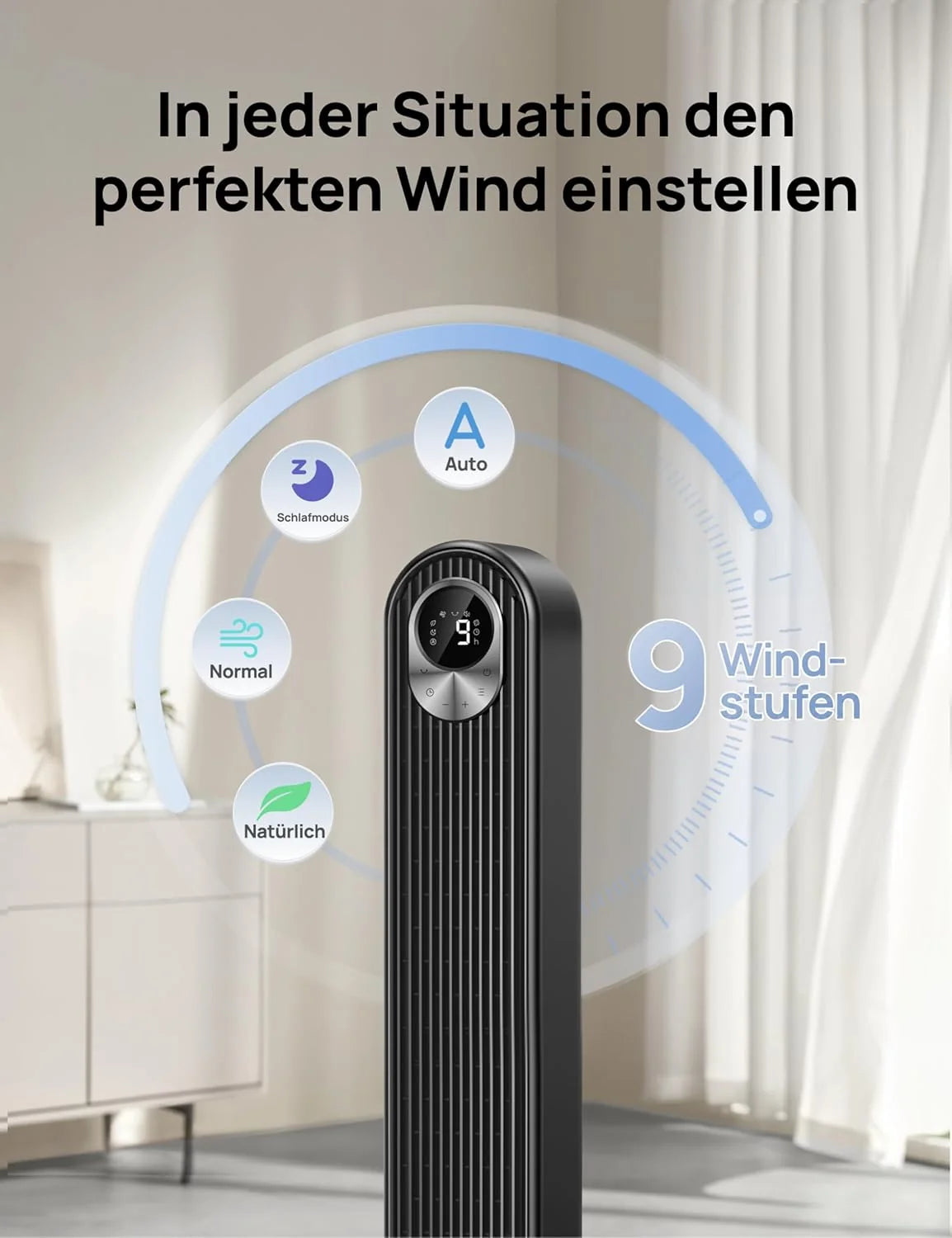 DREO DC Motor Turmventilator Leiser. 11M Windentfernung Ventilator mit Kühlung Fernbedienung. 9 Stufen 4 Modi. 90° Oszillierender Stand Ventilatoren