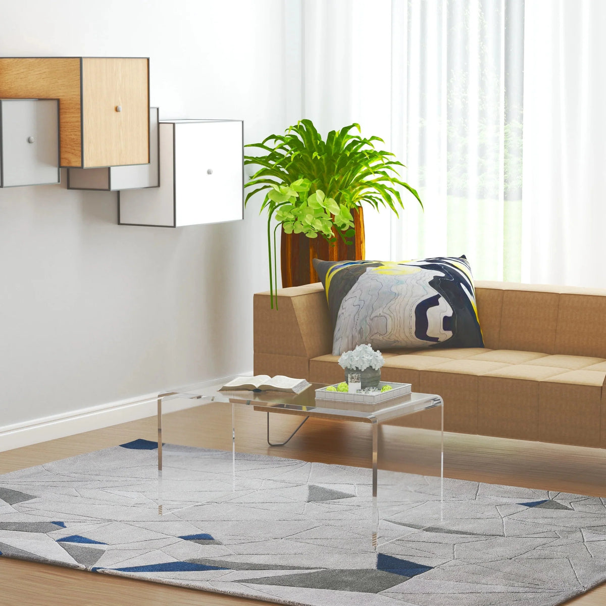 32 Clear Acrylic Waterfall Coffee Table. 20mm Thick Rectangle Modern Transparent Table for Living Room
