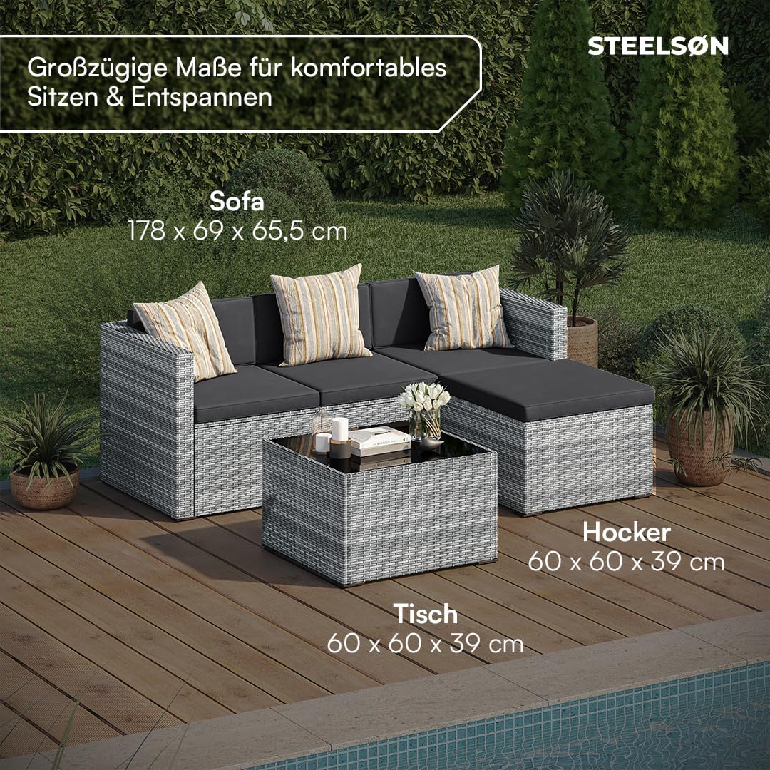 STEELSØN Zethora Rattan Gartenmöbel Set 3-TLG. – Outdoor Sitzgruppe für Garten/Terrasse/Balkon – Gartenlounge mit 3er-Sofa. Hocker & Tisch –
