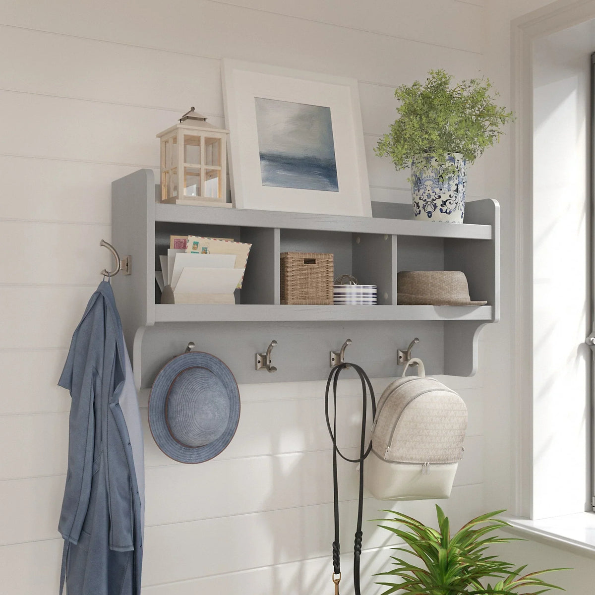 40 Inch Wall Mounted Coat Rack with Shelf. Wooden Entryway Storage and Hanging Organizer