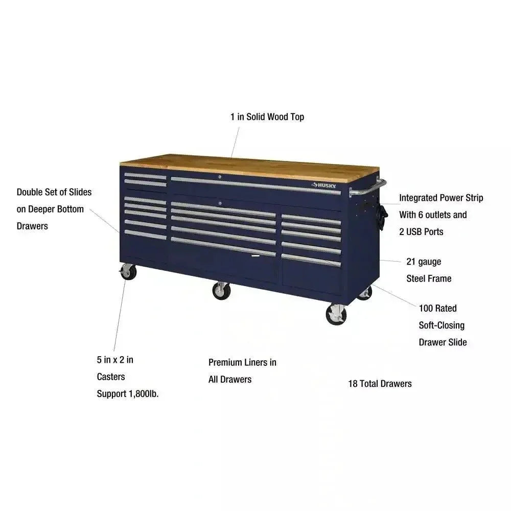 72-Inch 18-Drawer Mobile Workbench with Solid Wood Top. Gloss Blue