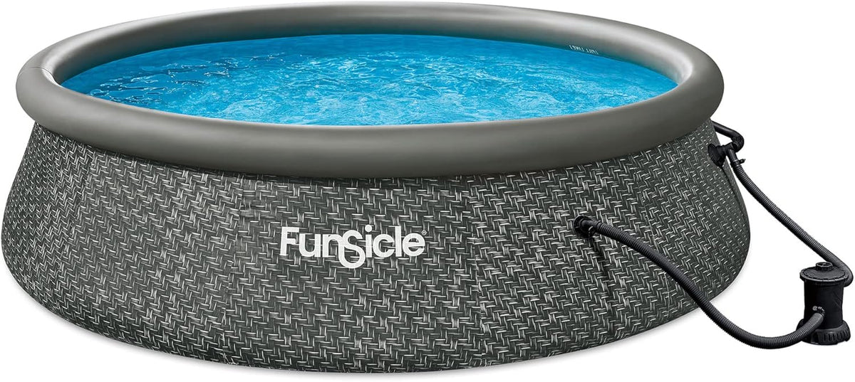 12 Foot by 36 Inch Quickset Round Inflatable Ring Top Outdoor Above Ground Swimming Pool Set with Pump and Cartridge Filter. Dark Herringbone