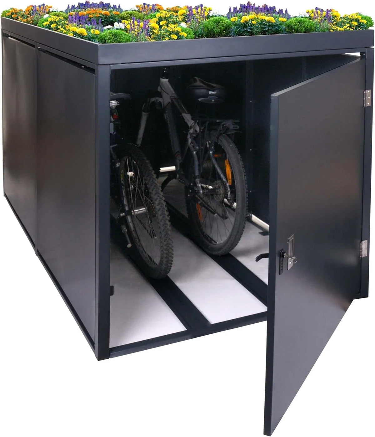 Mendler 2er-Fahrradgarage mit Pflanzkasten HWC-L56b. Fahrradbox. abschließbar verzinkter Stahl 125x113x208cm - anthrazit