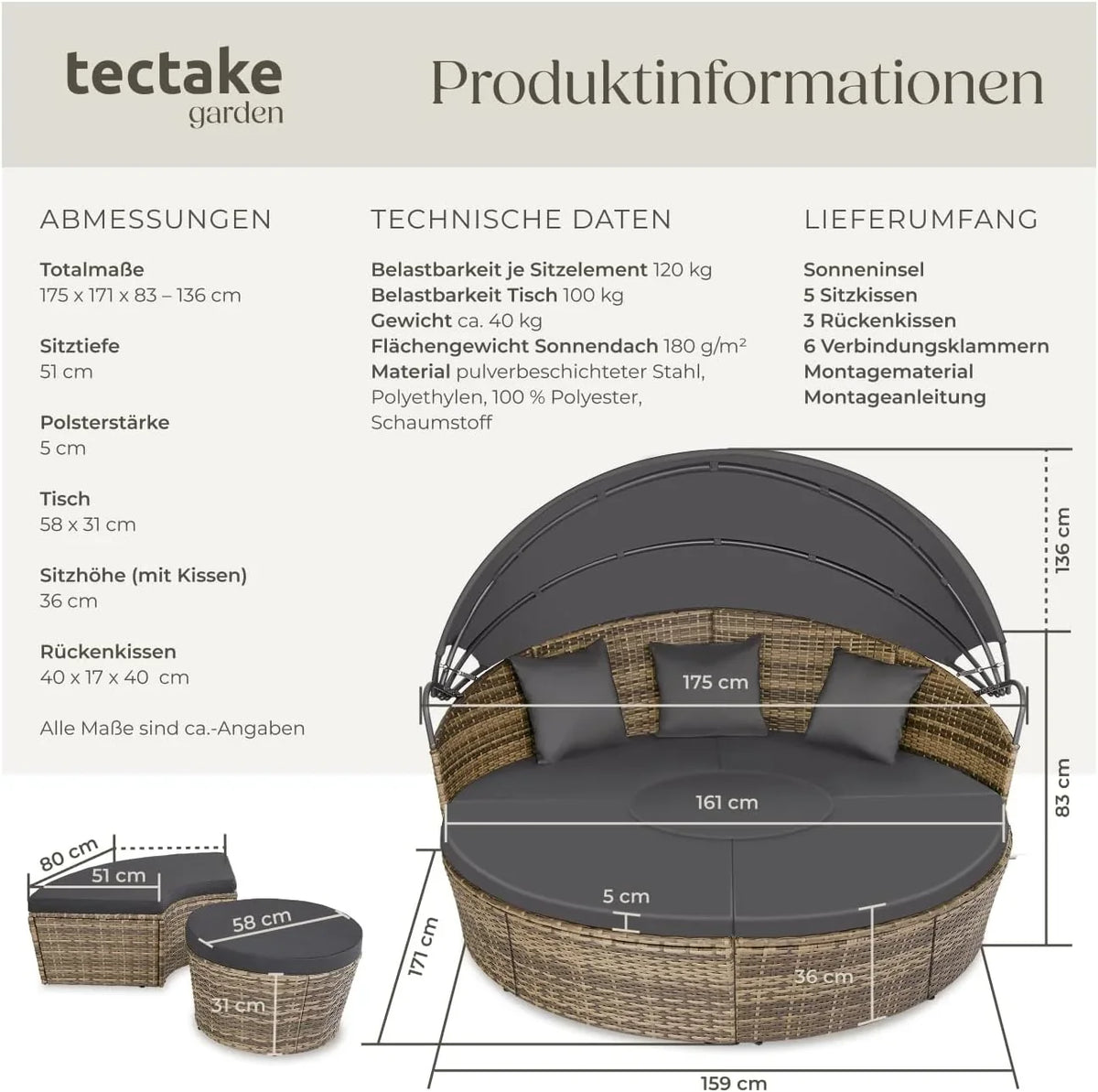 tectake Lounge Muschel Sonneninsel Outdoor wetterfest. Gartenmuschel. Sonnenliege 2 Personen und mehr. multifunktionales Terrasse oder Balkon Möbel.