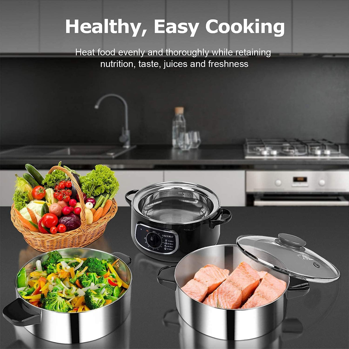 2 stainless steel food steamers. 8.5 liters capacity. electric glass-covered vegetable steamer. double-layer stackable steaming basket. with timer included