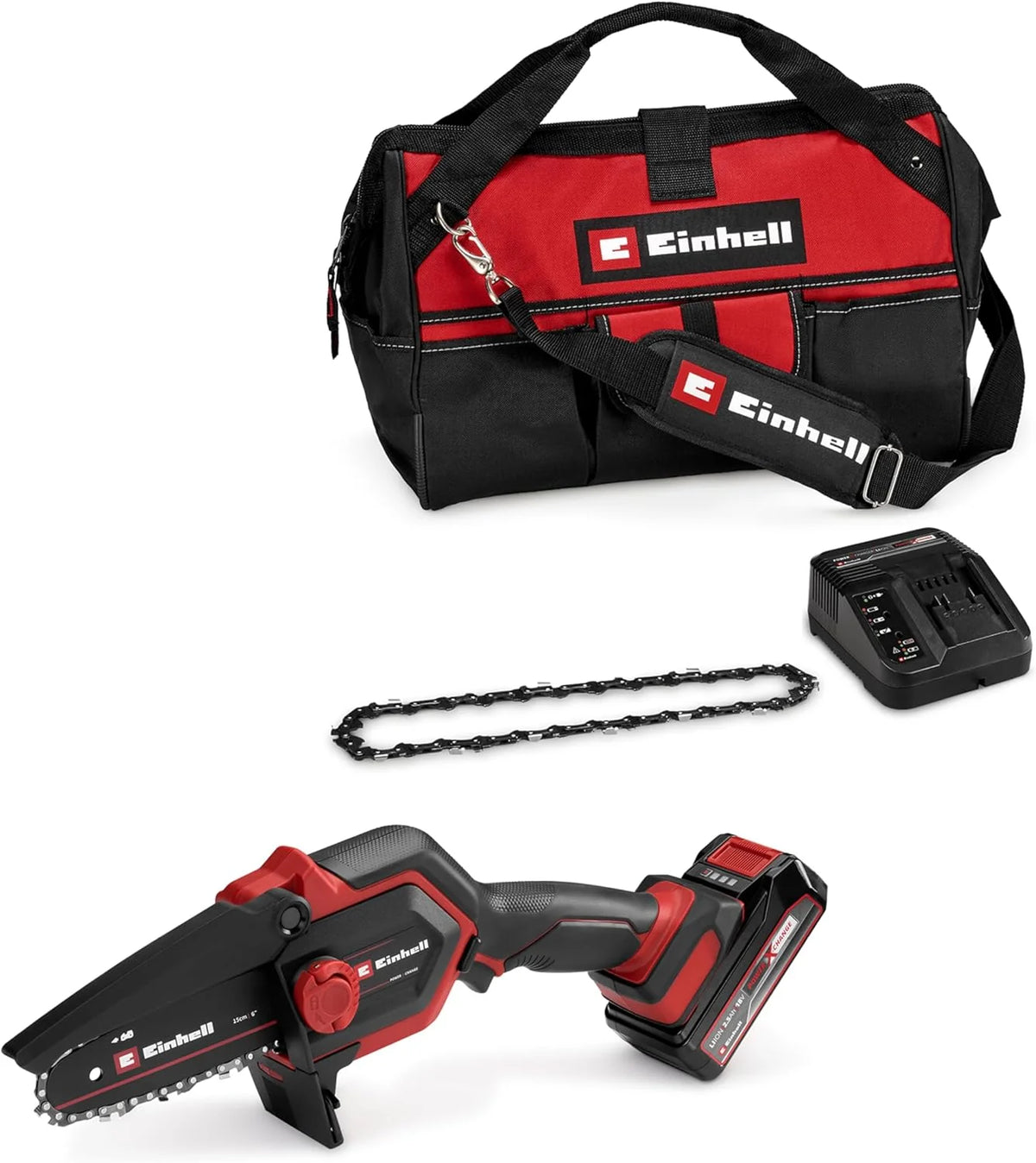 Einhell Akku-Astkettensäge GE-PS 18/15 Li Bag Kit Power X-Change (18 V. Brushless. 12.5 cm Schnittlänge. inkl. 2.5 Ah Akku. Ladegerät. Ersatzkette.