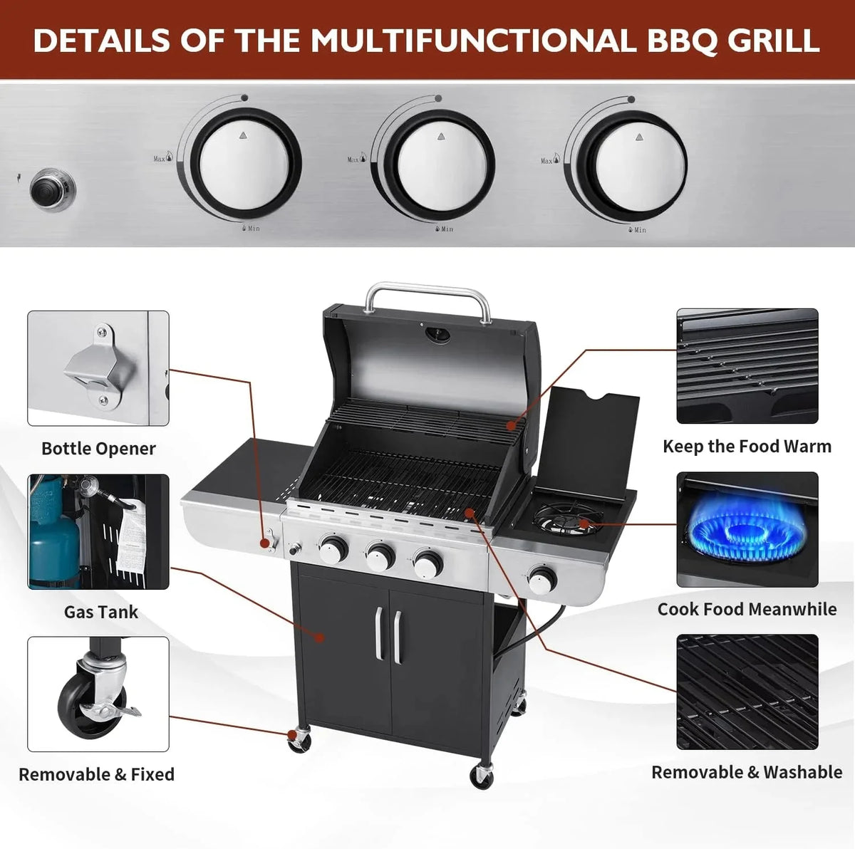 4-Burner Propane Gas Grill with Cast Iron Grates. Side Stove and 44.000 BTU Stainless Steel Burners