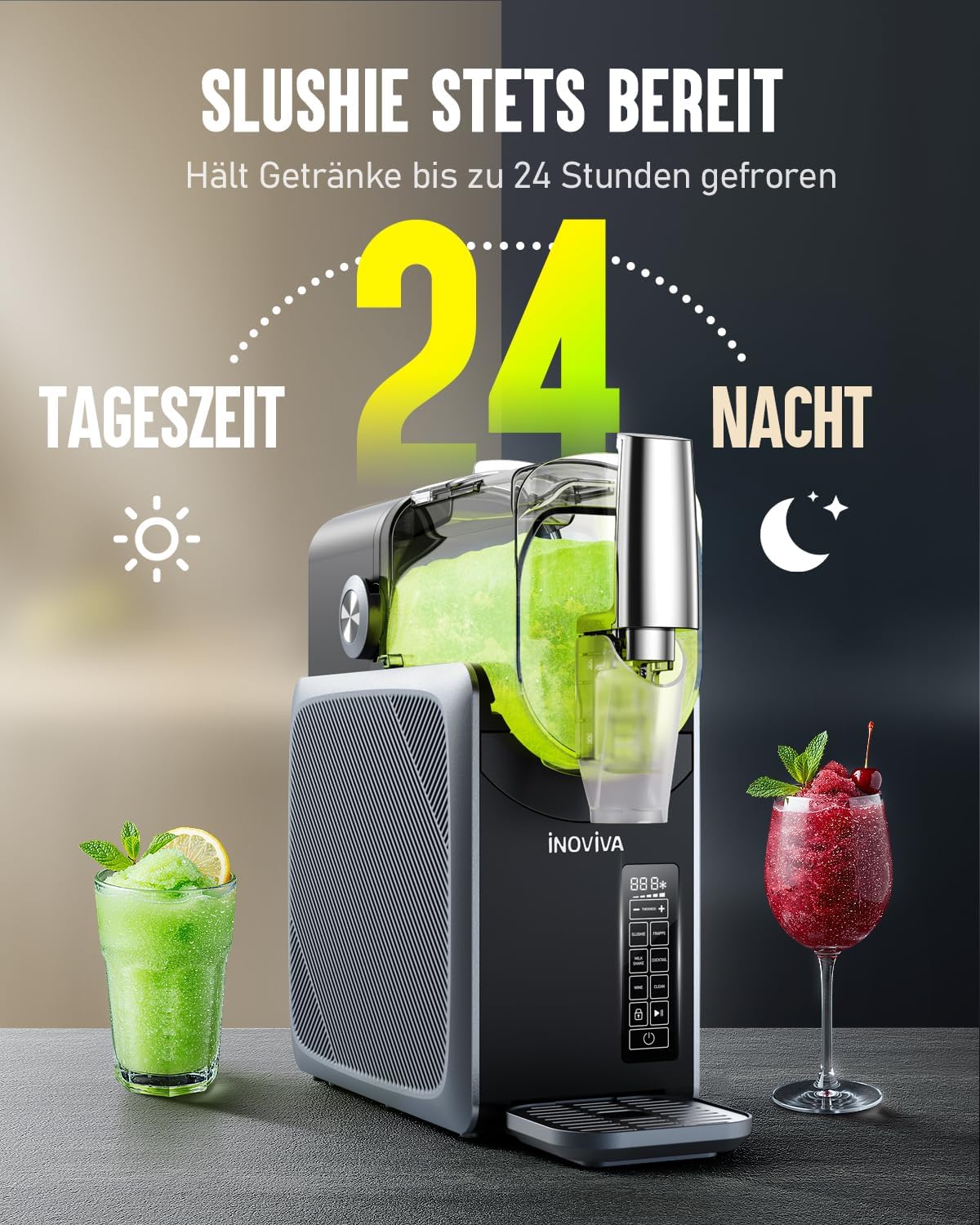 INOVIVA Slush Maschine 2.6L. kein Eis erforderlich. Slushie für Zuhause mit Selbstreinigung. 5 voreingestellte Modi. Slushies. Milchshakes. Frappés &